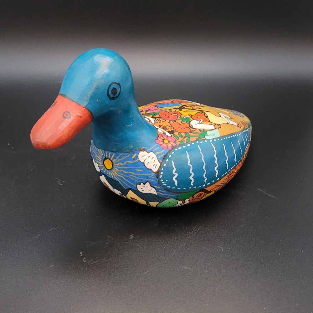 Vintage Mexican Red Clay Pottery Colorful Folk Art Hand-Painted Duck 5"x 7 1/2""